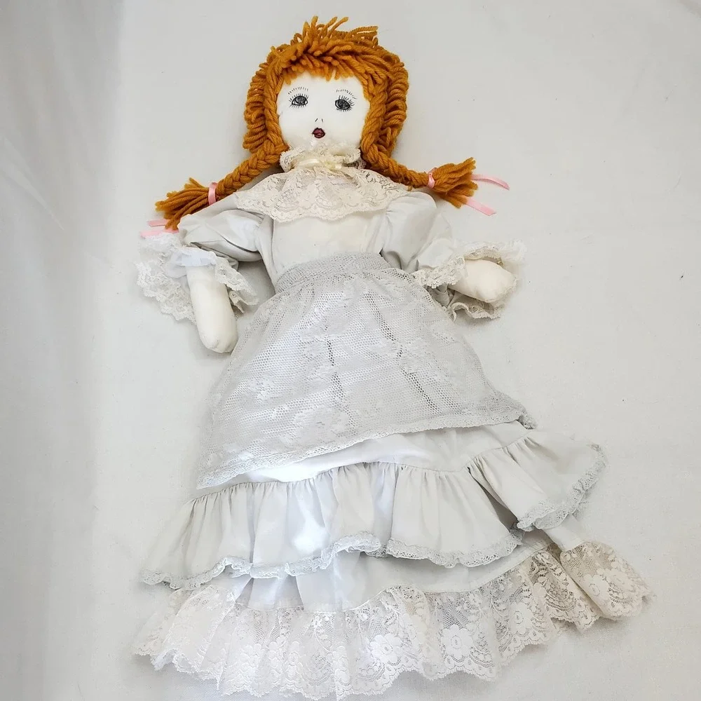 Vintage ♡ Handmade Hand-Crafted Cloth Doll W/Lace Dress‎ ♡ Yarn Hair Braids